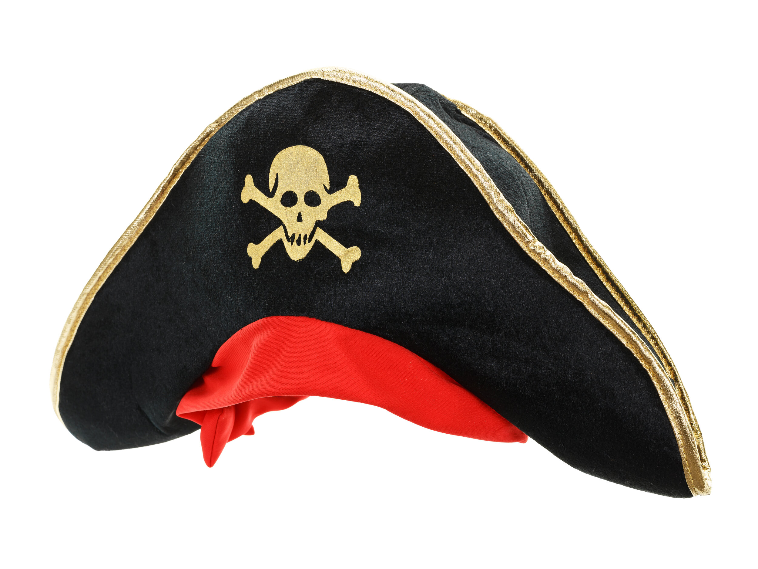 Detský pirátsky klobúk čierny so zlatým lemom a červenou šatkou