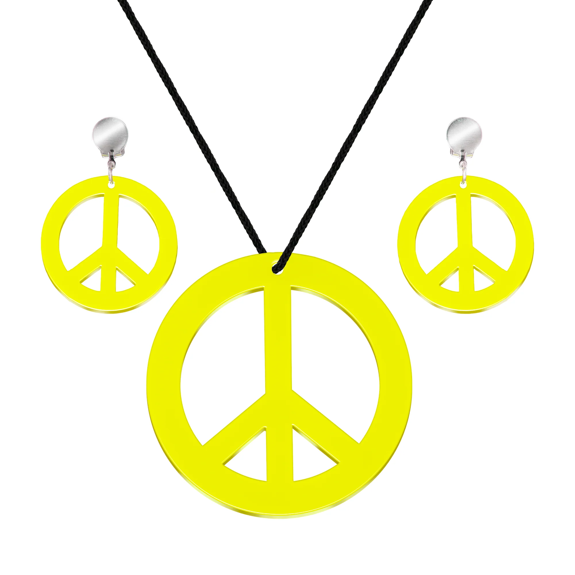 Neónový set náhrdelník a klipsy peace na párty žltý
