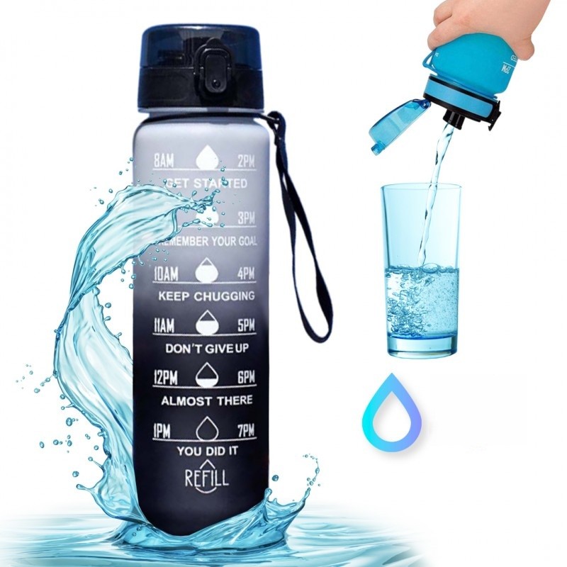 Športová fľaša na vodu s denným časovým plánovačom 1L - čierna