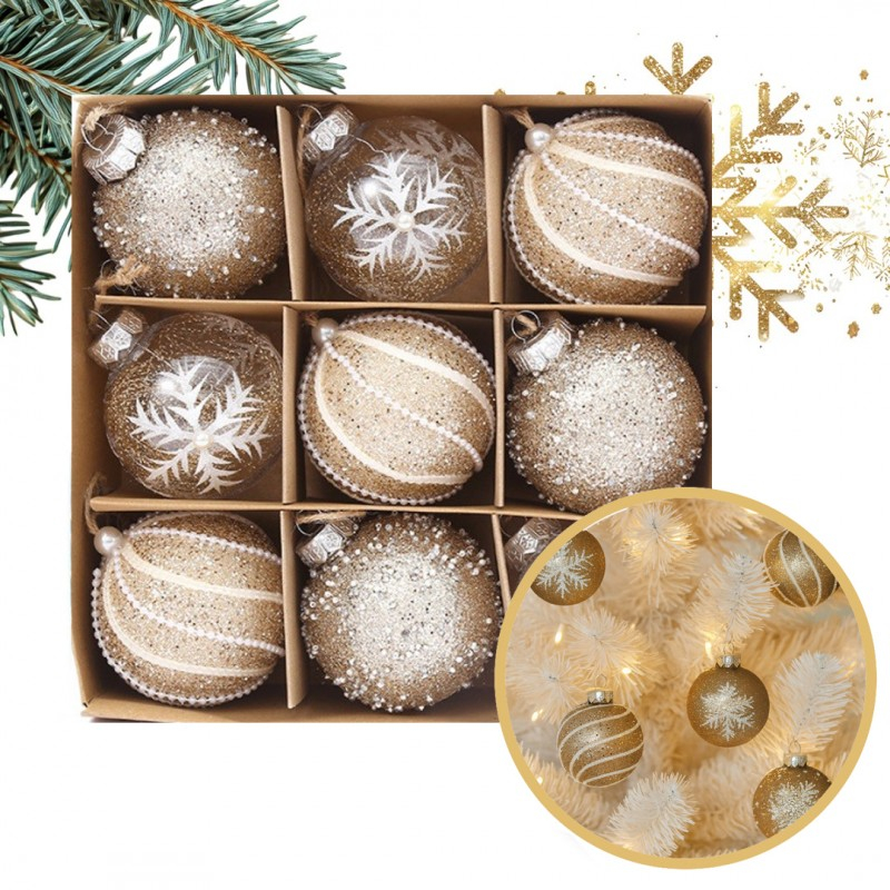 Zlaté vianočné gule 9 ks, priemer 7 cm